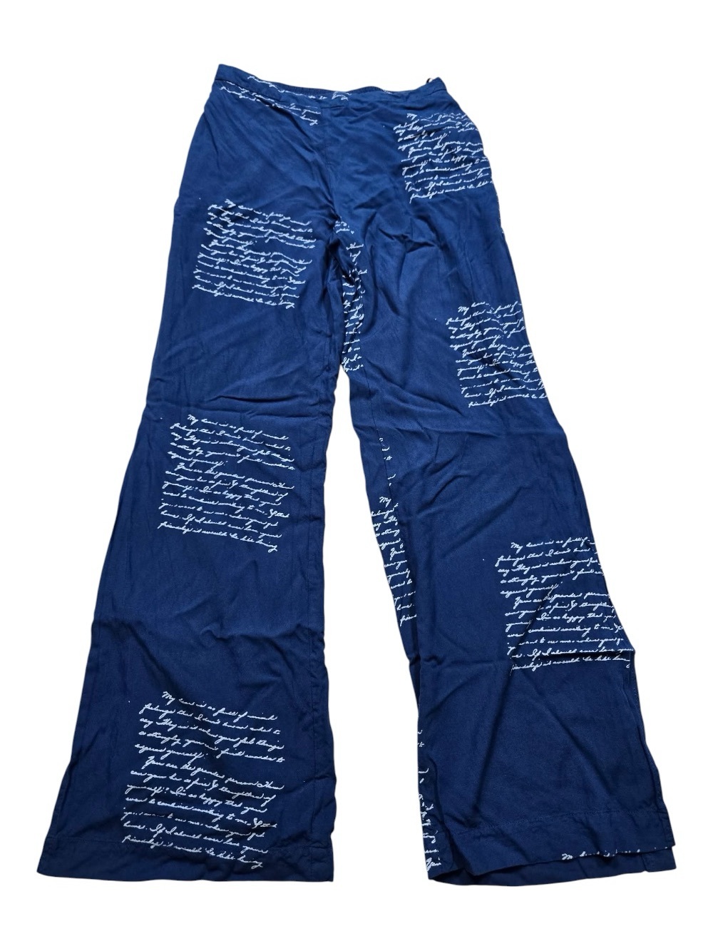 Thread Story Blue Script Print Split Hem Palazzo Pants Sz small Artsy Boho